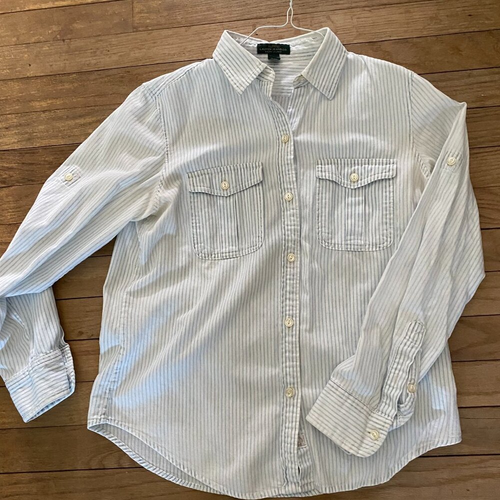 Ralph Lauren Lauren Jeans Blue White Striped Pockets Button Down Shirt - S